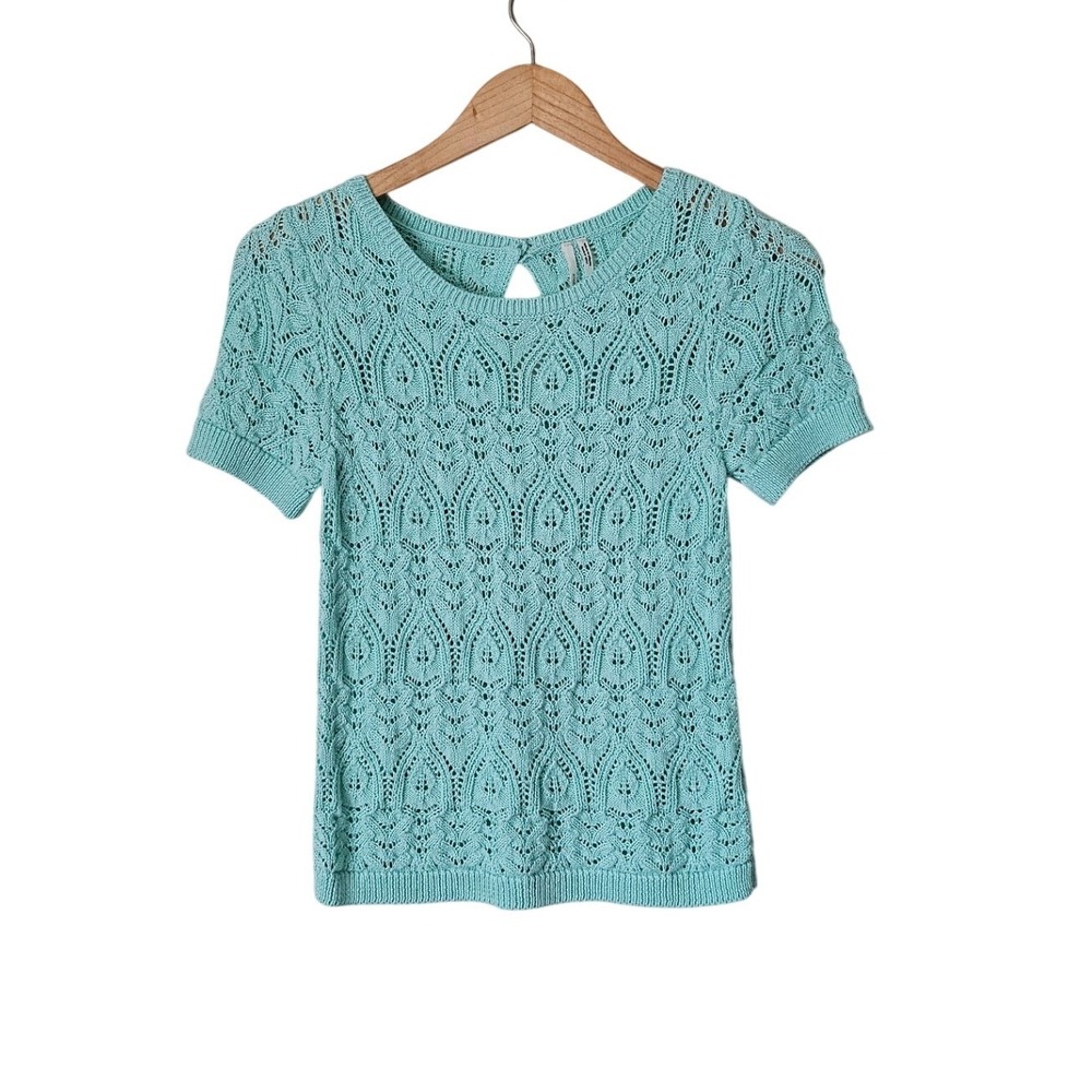 Anthropologie Pointelle Knit Short Sleeve Sweater Mint Green Size S Coquette